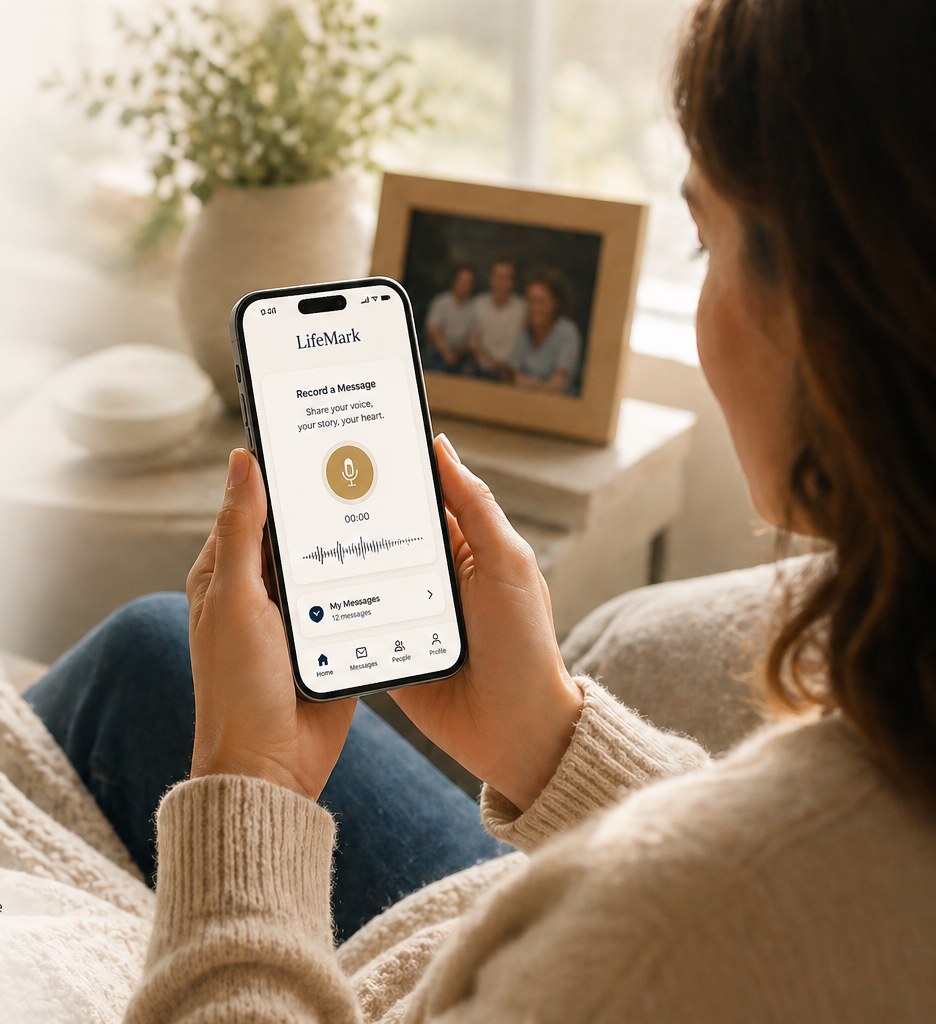 A woman recording a message for a loved one using the LifeMark app